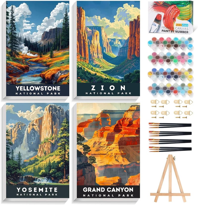 Offito 4 Pack Framed Paint by Numbers Kit for Adults with Wooden Easel, National Parks Easy Paint by Numbers with Frame for Beginners, Adult Paint by Number Kits Framed Canvas for Home Decor Gift 8x12 Inch - Image 1